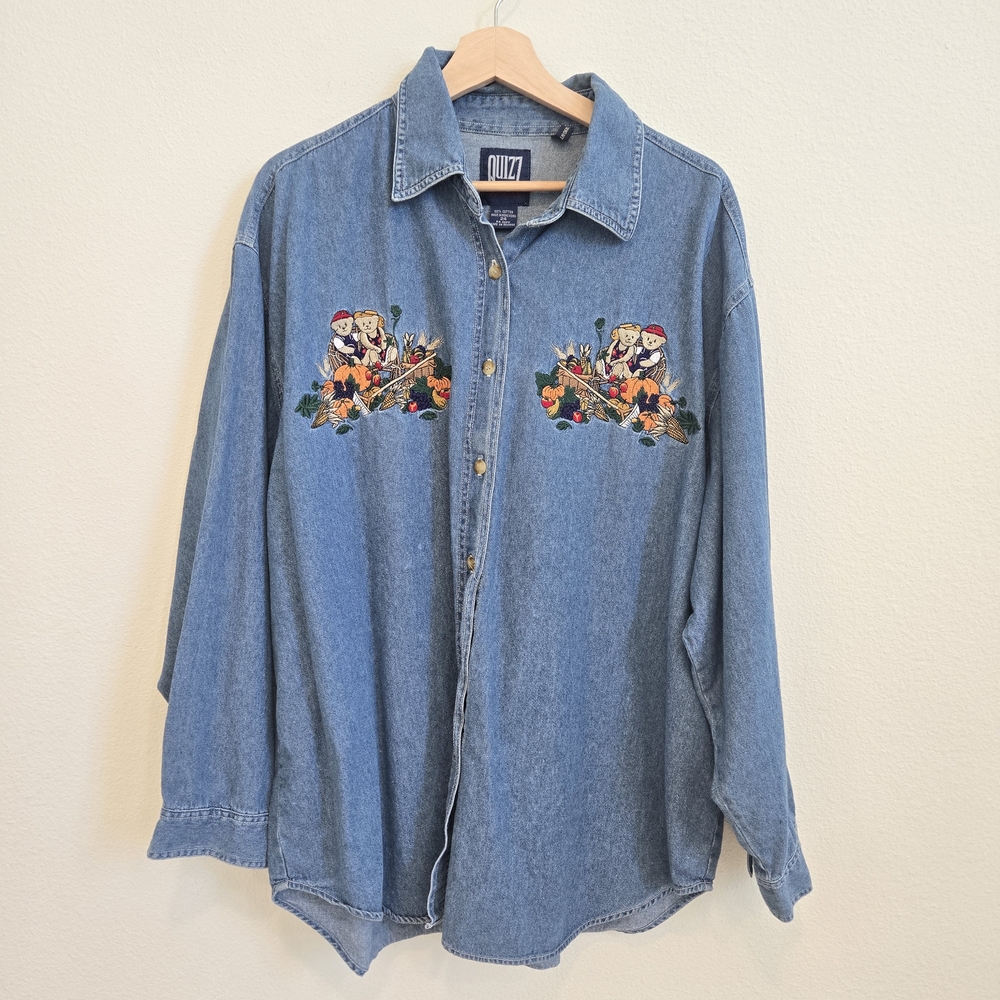 Vintage Quizz Womens Denim Shirt Size 24 Blue Bear Fall Fruits Embroidered Top